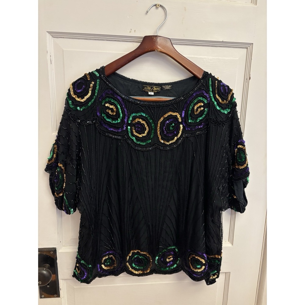 Eve's Allure Vintage Women's Black‎ 100% Silk Beaded Sequin Blouse Size Large